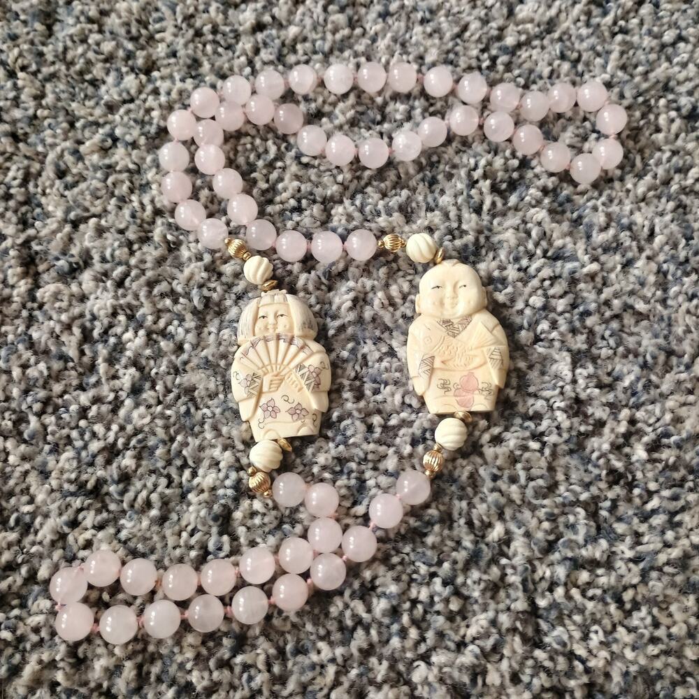 Japanese Hotei Carved Hand Knotted Rose Quartz Hand Painted Necklace Antique